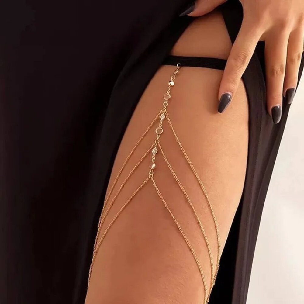 3/$35 NEW Gold Plated Layered Thigh Chain Body Jewelry Rhinestone Leg Harness